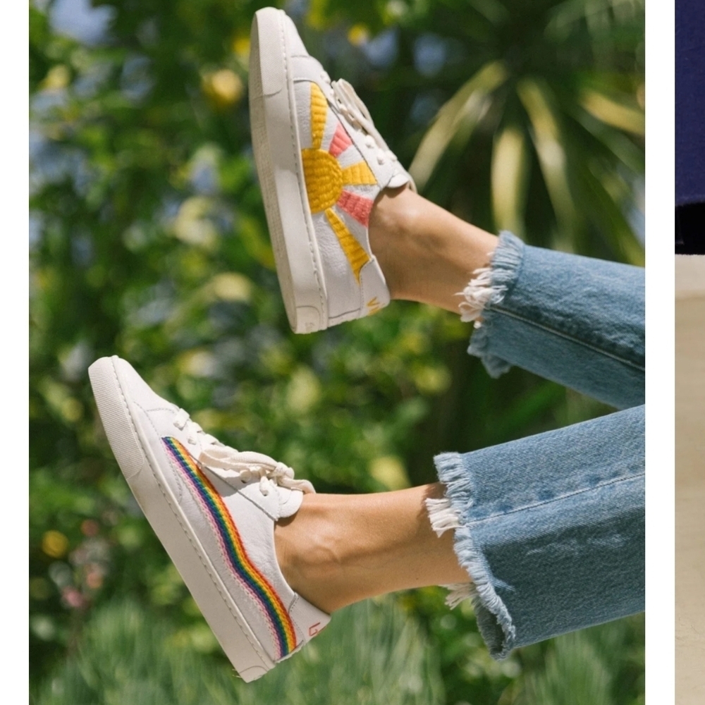 Soludos White Sneakers with Rainbow & Sun Embroidery